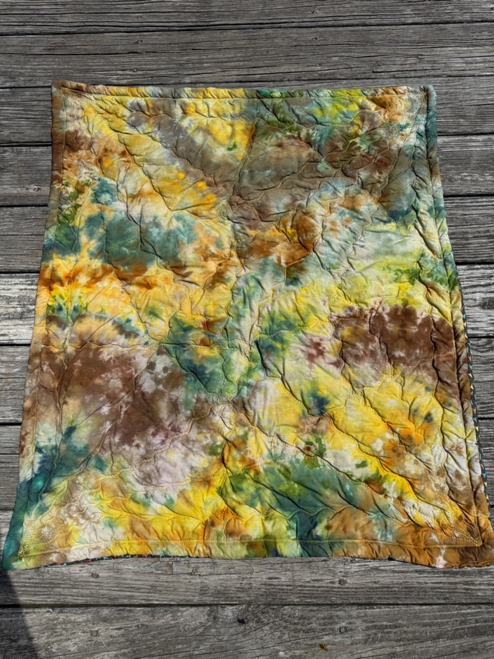 Tye dye Quilted Throw in Yellow, Green & Brown